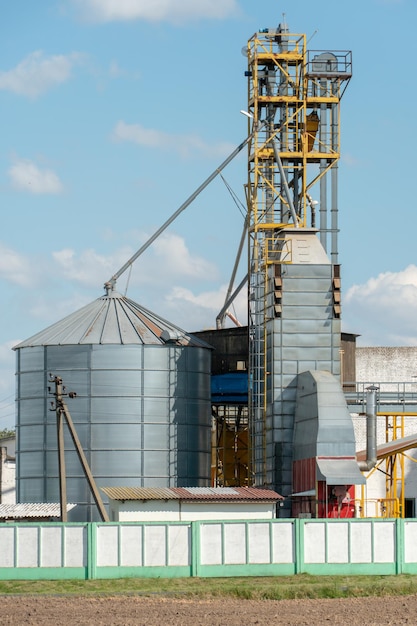 Silver silos on agro manufacturing plant for processing drying cleaning and storage of agricultural products flour cereals and grain Large iron barrels of grain Granary elevator