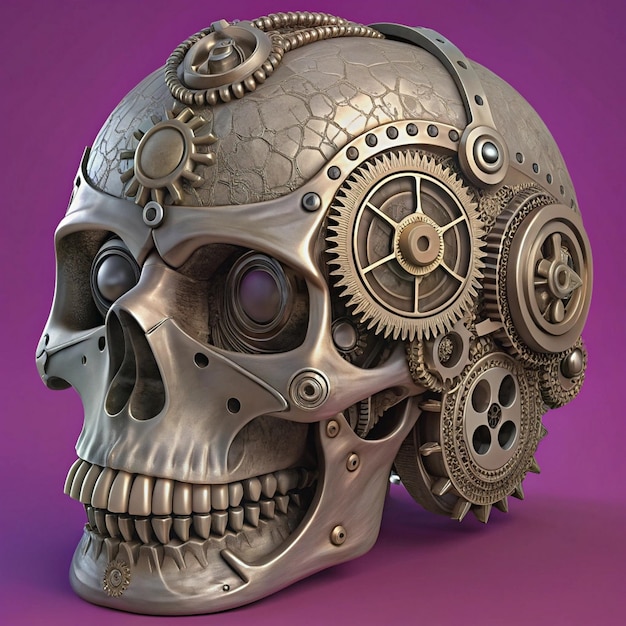 Photo a silver skull with gears and gears on it