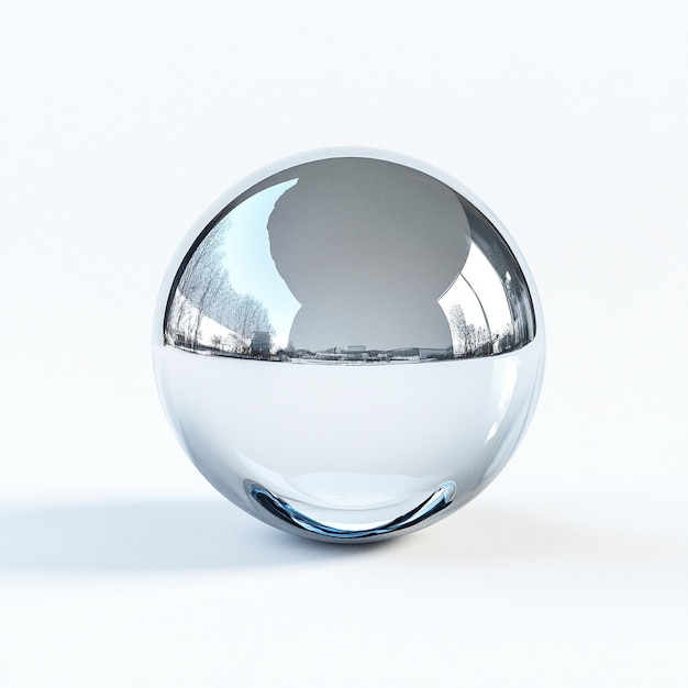 Photo a silver sphere with a reflection of a sky and clouds on it