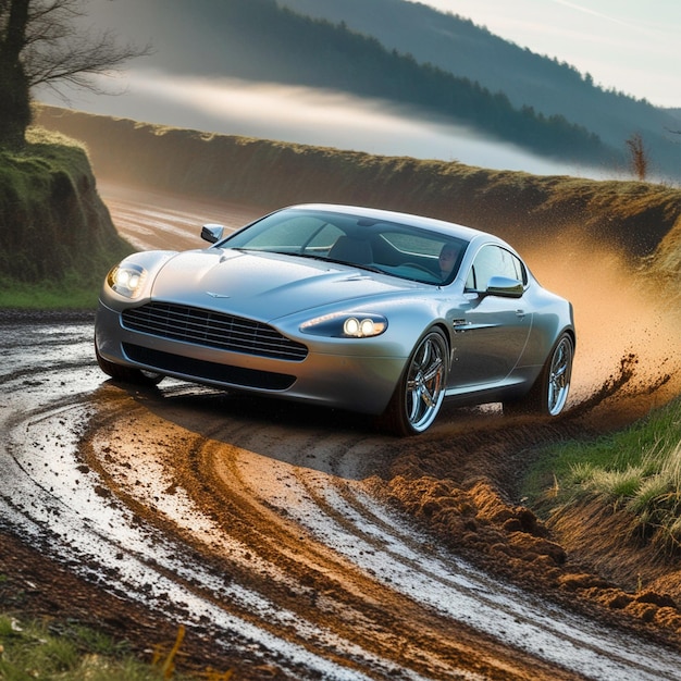 a silver sports car is driving on a dirt road