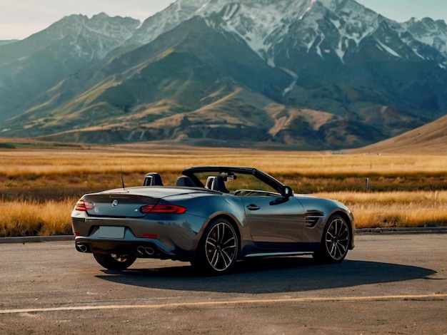 a silver sports car is driving down a road with mountains in the background