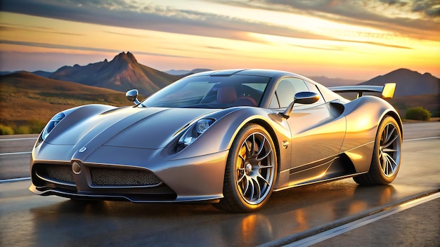 a silver sports car is driving down the road with a sunset in the background