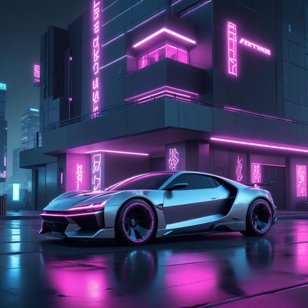 Photo a silver sports car is parked in front of a building with neon lights