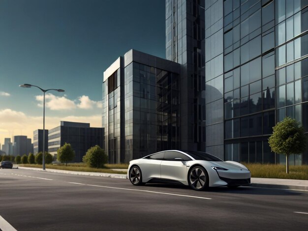 a silver sports car is parked in front of a building