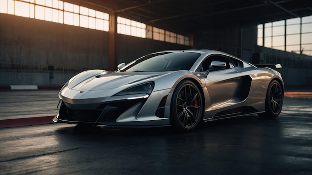 a silver sports car is parked in a garage