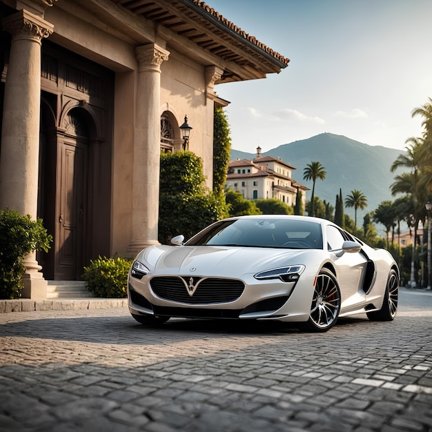 a silver sports car is parked on a street with a mountain in the background