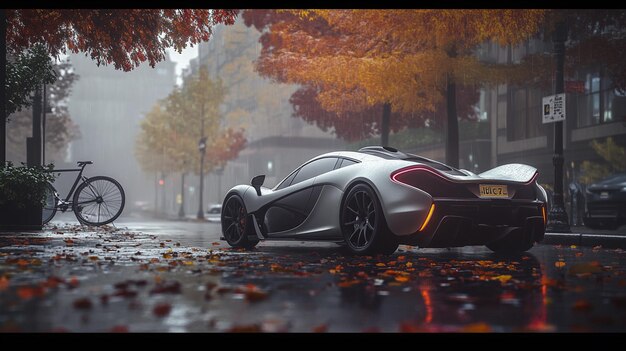 a silver sports car is parked on a wet street