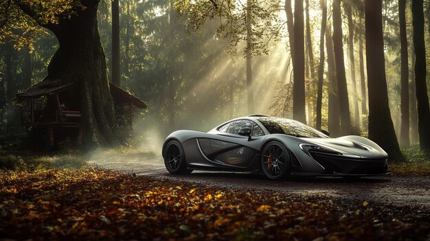 a silver sports car is parked in the woods