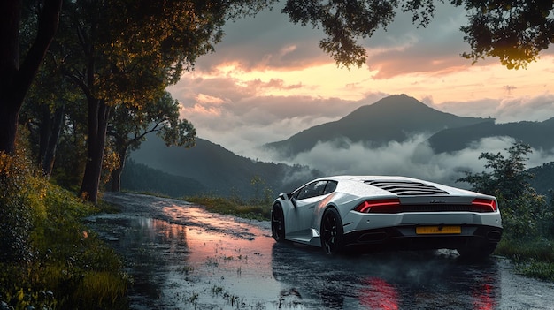 a silver sports car in the rain