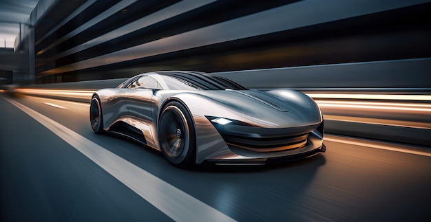 A silver sports car on a road with lights on.