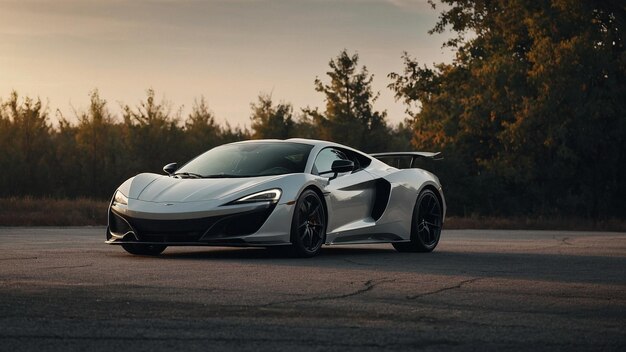 a silver sports car with a black roof sits on a road