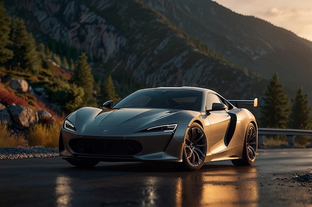 Photo a silver sports car with a mountain in the background