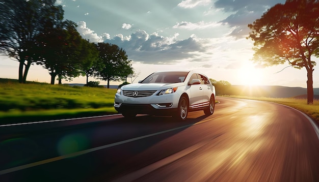 a silver suv is driving down a road with the sun shining on the front