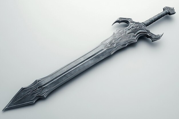 Photo a silver sword laying on a white surface