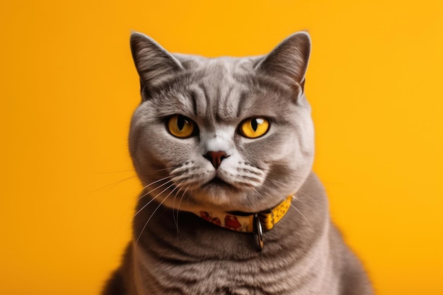 Silver tabby british shorthair cat making funny face looking displeased or irritated studio shot on yellow background