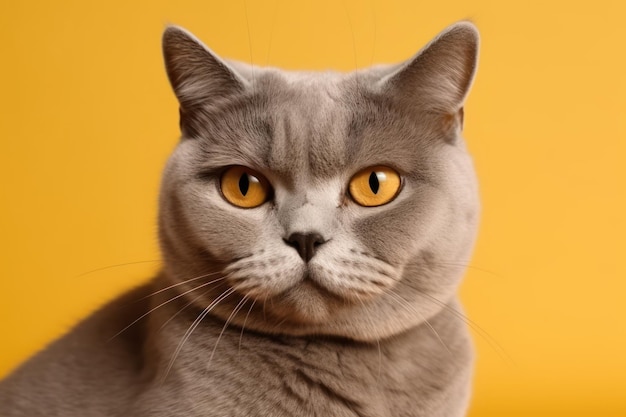 Silver tabby british shorthair cat making funny face looking displeased or irritated studio shot on yellow background