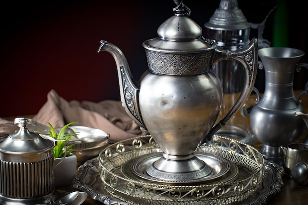 A silver teapot on a plate with a green plant on it