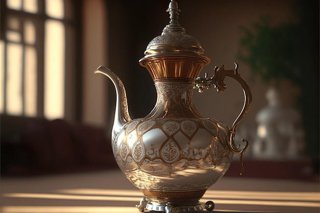 A silver teapot with a gold design on the top.