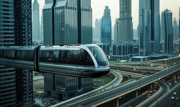 a silver train is going over a bridge and the city is on the right