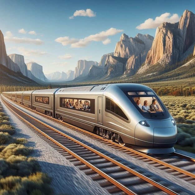 a silver train with a picture of a mountain in the background