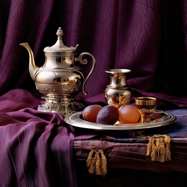 A silver tray with a silver tray and two small cups on it.