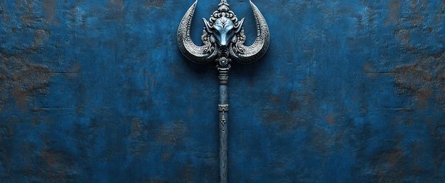 Silver Trishul with Bull Head on Blue Background