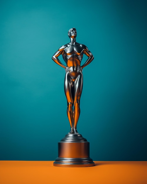 a silver trophy on a blue and orange background