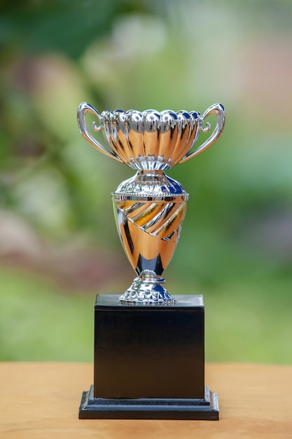 Silver trophy on bokeh light background