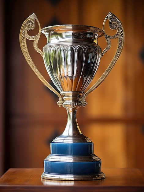 a silver trophy with a blue base