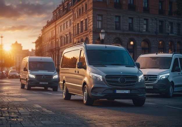 a silver van is driving down the street with a sunset in the background