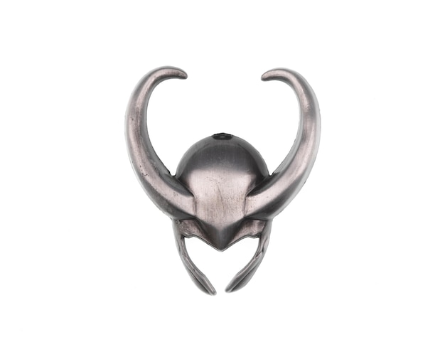 A silver viking helmet with a heart shaped face.