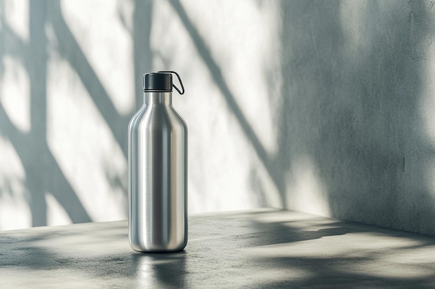 Photo a silver water bottle with a black handle sits on a table