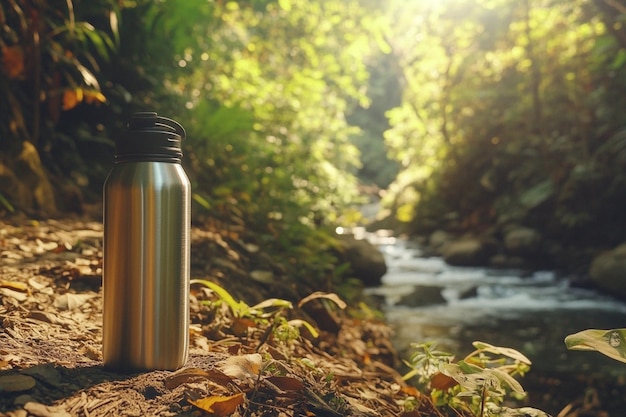 a silver water bottle with a plant in the middle of the forest