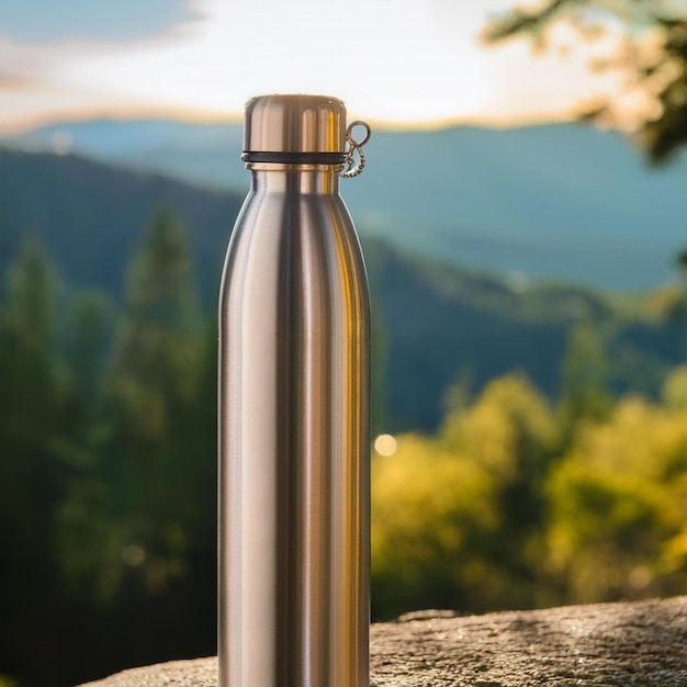 Photo a silver water bottle with a silver handle sits on a log