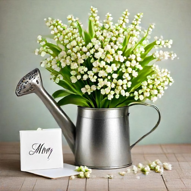 Photo a silver watering can with a card that saysthe letter hon it