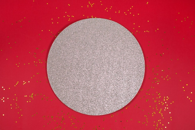 Silver with glitter round shape like platform podium for product display on red festive background