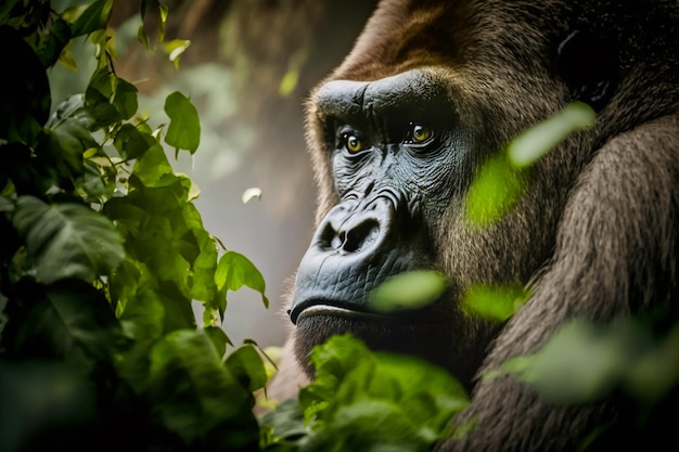 Silverback gorilla looking up while eating leaves