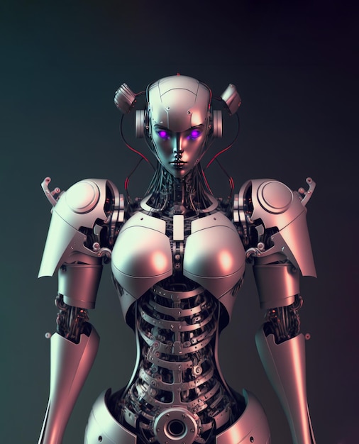 Silvered female robot on a black background Nanotechnology concept Angry face Generative AI