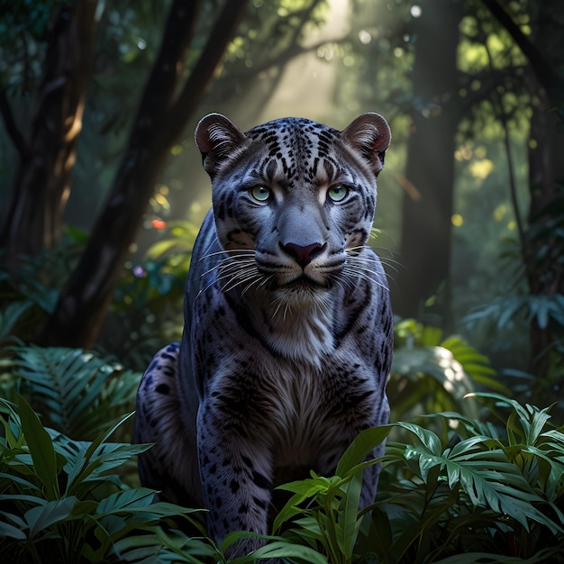 a silvergray panther its piercing purple eyes surveying its lush green domain