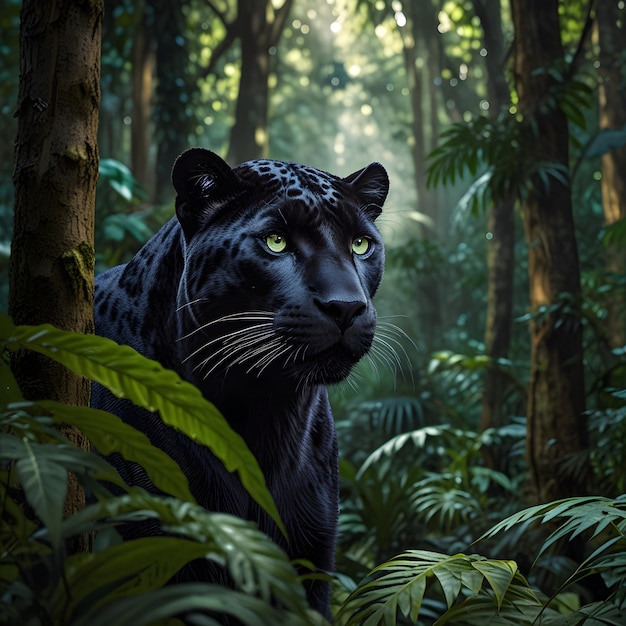 a silvergray panther its piercing purple eyes surveying its lush green domain