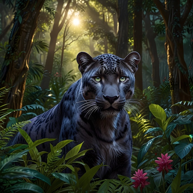 a silvergray panther its piercing purple eyes surveying its lush green domain