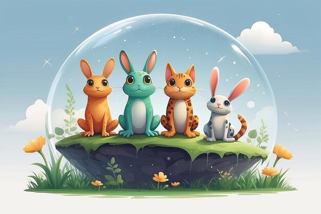 Photo similar style of frog cat rabbit and more looking at the sky on a transparent isolated objects cute illustration