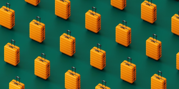 Similar yellow suitcases against green background 3d render isometric view