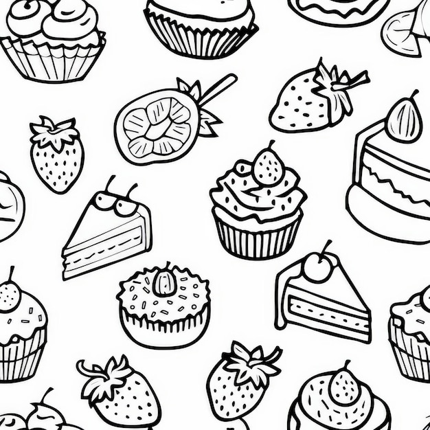 Photo simlpe line drawing of a beautiful dessert coloring pages for your little one strawberries cake orange cupcake donut white and black wallpaper monochrome simplicity tile