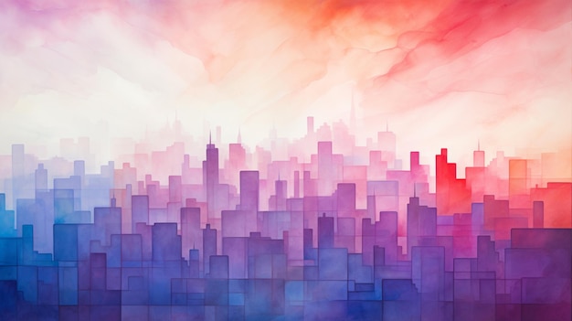 A simple abstract representation of a cityscape using a gradient spectrum from red to purple