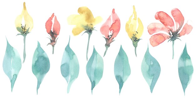 Simple alla primastyle flowers and leaves Pink yellow and turquoise colors Watercolor illustration Isolated objects from a large set of HAPPY BIRTHDAY For decoration design and compositions