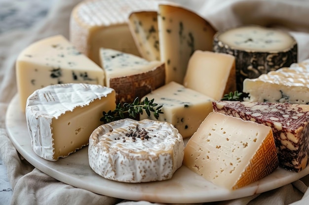 A simple arrangement of assorted cheeses on a white plate against a clean white background