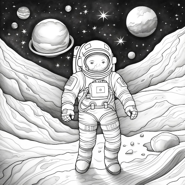 Simple Astronaut Coloring Page for Kids Cartoon Style with Thin Crisp Lines and Space Station Background Black and White Low Detail No Shading White Background Generative AI