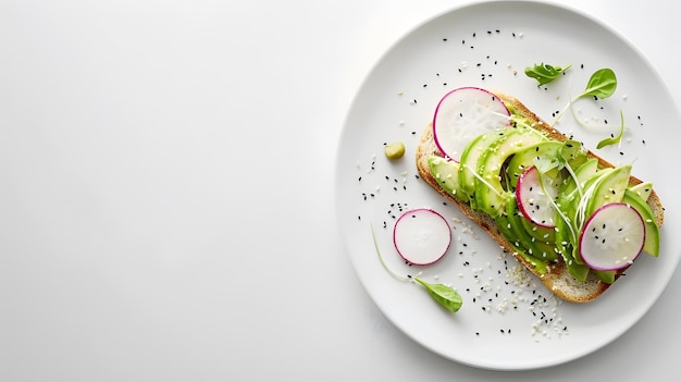 Photo simple avocado toast with radishes and sesame seeds on white plate