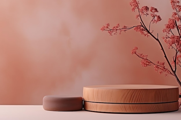 Simple backdrop for beauty products Terracotta wood podiums dried flowers and tree branches